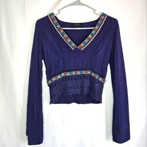 Boho Lulumari Top Blue Embroidered Crocheted Hippie Bohemian Bell Sleeve Small